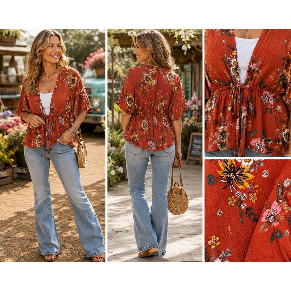 No Boundaries Kimono Top Womens XS‎ Tie Front Rust Floral Boho